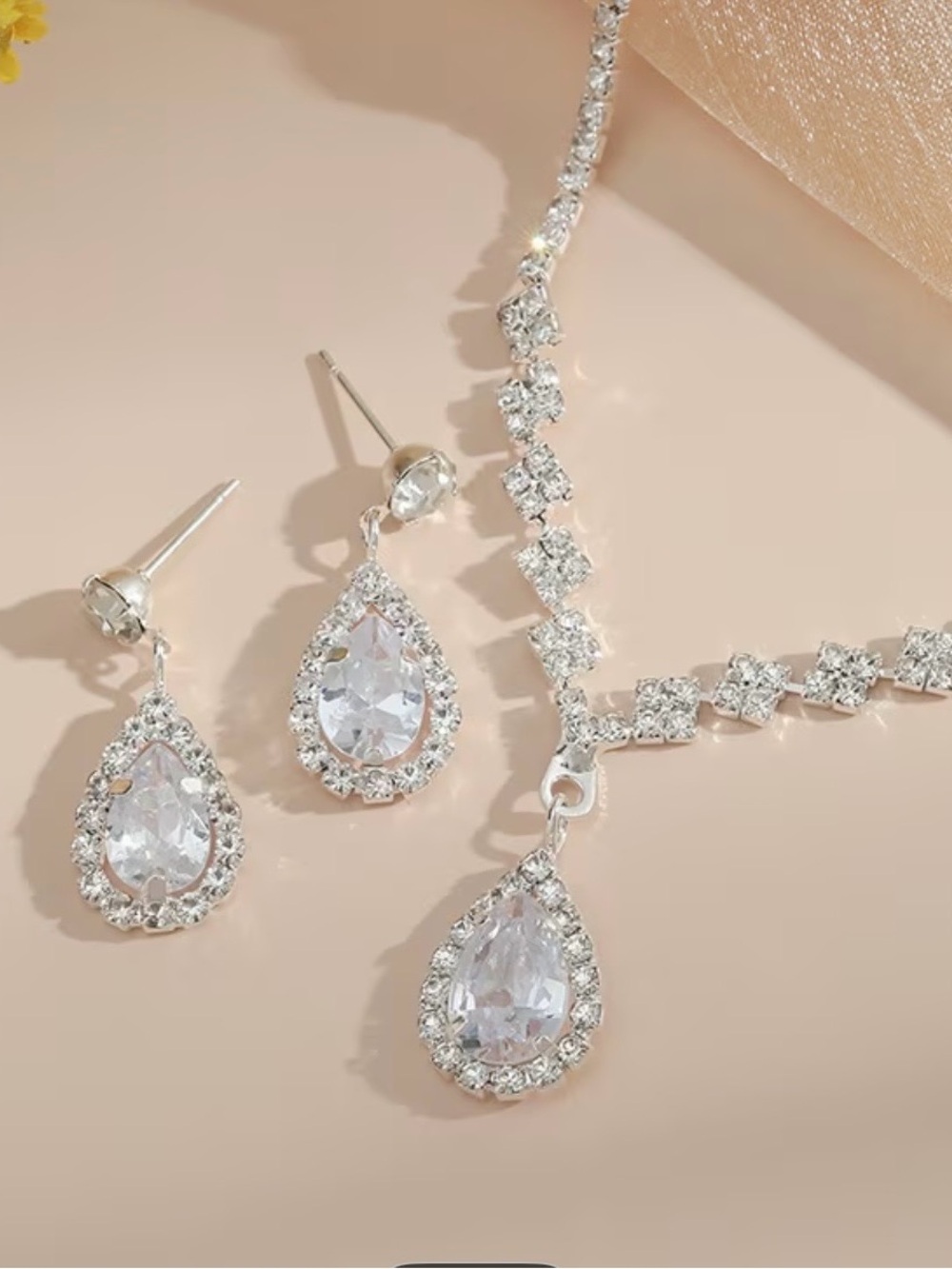 Silver Teardrop Crystal Necklace & Earrings Set - Sparkling Clear Bridal Jewelry